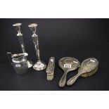 Pair Hallmarked Silver Candlesticks, Cream Jug and Mirror and Brush Set, marked 800