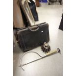 1950's Black Leather Gladstone Bag together with Thatching Needle and an Antique Apple Wood