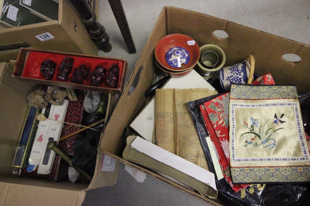 A collection oriental items including figures, lacquer bowl, serving spoons and other items