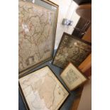 Four framed and glazed vintage maps with hand coloured detail