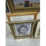 A vintage frame, a clown painting and two signed and framed Le Mans photographs