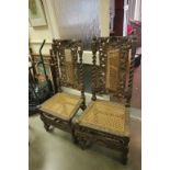 Pair of 19th century Jacobean Style Heavily Carved Hall Chairs with Bergere Seat and Back Panel