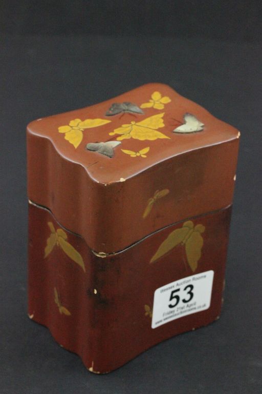 Early 20th century Red Lacquered Card Box decorated with Mother of Pearl and Gilt Butterflies