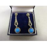 Pair of Silver Marcasite and Blue Opal Art Deco Style Earrings