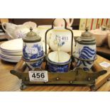 Three Piece Willow Pattern Condiment Set and Stand