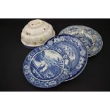 Three Blue and White Meat Plates plus Wedgwood Sarah's Garden Jelly Mould