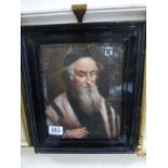 Ebonised Framed Oil Painting Portrait of a Rabbi holding a Tanakh