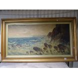 Large Gilt Framed Oil on Canvas of Rough Seas by Rocky Shore signed G Watson 1900