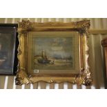 Gilt Swept Framed Oil Painting Marine Scape with Fishing Boats and Figures