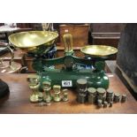 Green Enamel Weighing Scales with Brass Pans together with a Set of Imperial Weights and Set of