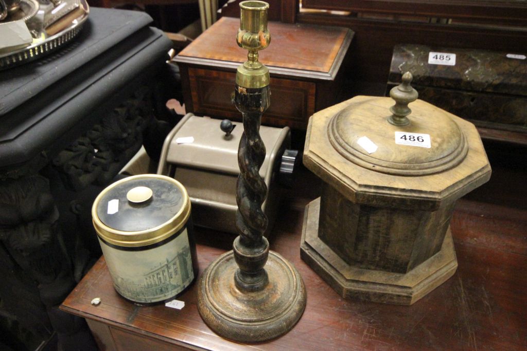 Wooden Lidded Urn, Tobacco Jar, Corby Tiemaster and Candlestick