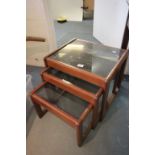 Teak Nest of Three Tables with smoky brown glass tops