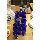 Quantity of Blue Glass including Claret Jug, Drinking Glasses, Peter St Clair Vase, Jug,