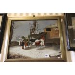 19th century Gilt Framed Oil under Glass, Farm Scene with Cattle and Farm Folk