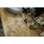 Pair of Czechoslovakian amber glass vases together with Four Star Etched Champagne Glasses and