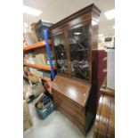 Edwardian Mahogany Inlaid Bureau Bookcase with twin astragel doors over hinged drop front and four