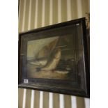 Ebonised Framed Oil Painting Study of Pike and Fish a Fishermans Catch