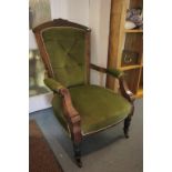 Late Victorian Armchair with Green Button Back Upholstery