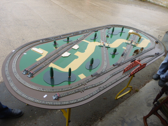 82"x40" Hornby Dublo model rail lay out with track and trackside scenery, on stand plus D1 Through