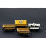 Four Hornby O gauge wagons to include ESSO Tanker, 2 x Trinidad Lake Asphalt tipping wagons and