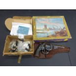 Nine Omen Miniatures metal figures, tin plate toy gun in holster and boxed Waddingtons puzzle