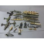 Group of lead figures, ships and planes to include Dinky 534 Queen Mary x 2, etc all play worn