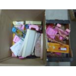 Collection of vintage Sindy & Barbie doll accessories, furniture and clothing plus dolls in two