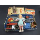 Group of vintage toys to include Meccano, boxed Lotto, clockwork cat, Cunard jigsaw puzzle etc