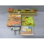 Three boxed vintage toys to include Mettoy Tin plate Twin Tunnell Trains, plastic Waggle the Horse