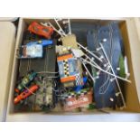 Collection of vintage Scalextric accessories to include 6 x slot cars in various conditions,