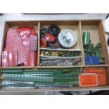 Boxed Meccano 0 set containing vintage accessories in various colours