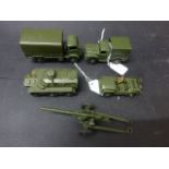 Five Dinky military diecast vehicles and artillery to include Austin Champ, Armoured Personnel