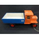 Scratch built wooden tipper truck painted orange, blue, white & red 62cm in length