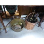 A copper jam pan, along with copper teapot, copper bucket and other items