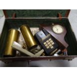 Suitcase containing Smiths mantle Clock, Two Brass Trenchart Vases, Telephone, Camera Lenses etc