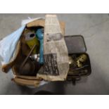 Primus Stove in a Tin Container plus Boxed Coleman Instant Iron, etc