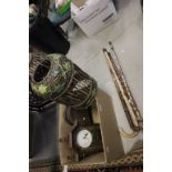 Vintage clock, wicker cage, bellows & 4 walking sticks