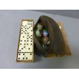 Bag of Victorian marbles plus a boxed set of vintage dominoes