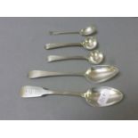 Dublin silver fiddle back teaspoon, Silver teaspoon, Newcastle, Pair of silver reeded salt spoons,