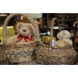 Two wicker baskets with 3 vintage teddy bears to include one from Harrods