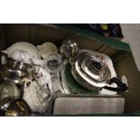 Box of mixed collectables to include a silver plated teaset, carving set & mixed ceramics to include