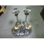 Pair Art Nouveau Style Candlesticks plus Silver plated tray, along with goblets and a condiment set