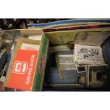 Box of mixed ephemera to include; postcards, stamps, cigarette cards
