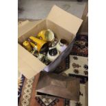 Box of Torquay ware plus a 3 section wooden tea caddy