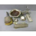 Box of mixed silver and silver plated items to include; silver clock, American silver spoon,