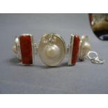 Silver blister pearl and apple coral bracelet