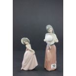 A Lladro figure of a girl clutching a hat, model number 5007, along with one other Lladro figure