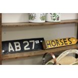 A vintage metal sign "Horses", along with a number plate AB27