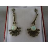 Pair of silver and marcasite sunburst style earrings with central opals