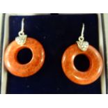 Pair of silver and apple coral hoop earrings